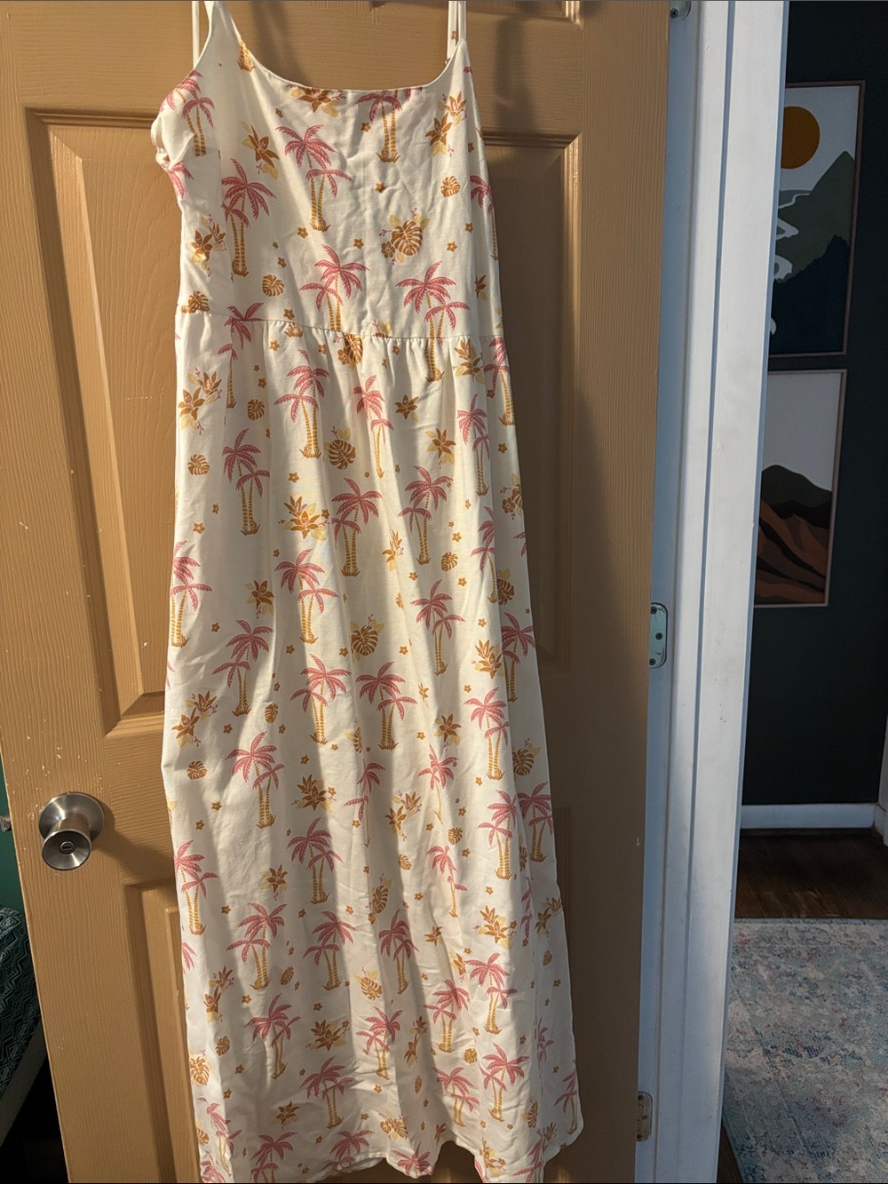 Cream Maxi Sundress with Pink & Gold Palm Print